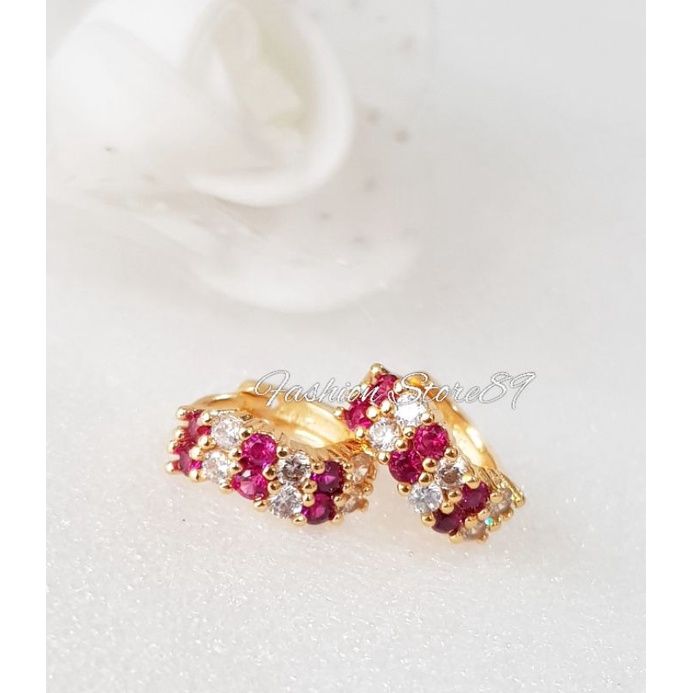 Anting Jepit Permata Kombinasi pink white xuping perhiasan lapis emas bestseller xuping TRX180R