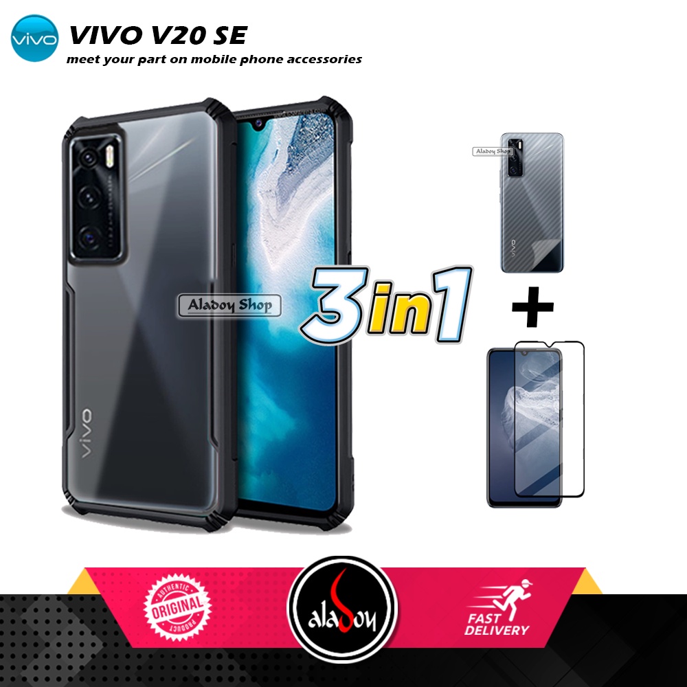 Case VIVO V20 SE Armor Fushion Transparent Casing + Tempered Glass Full Layar dan Skin Carbon