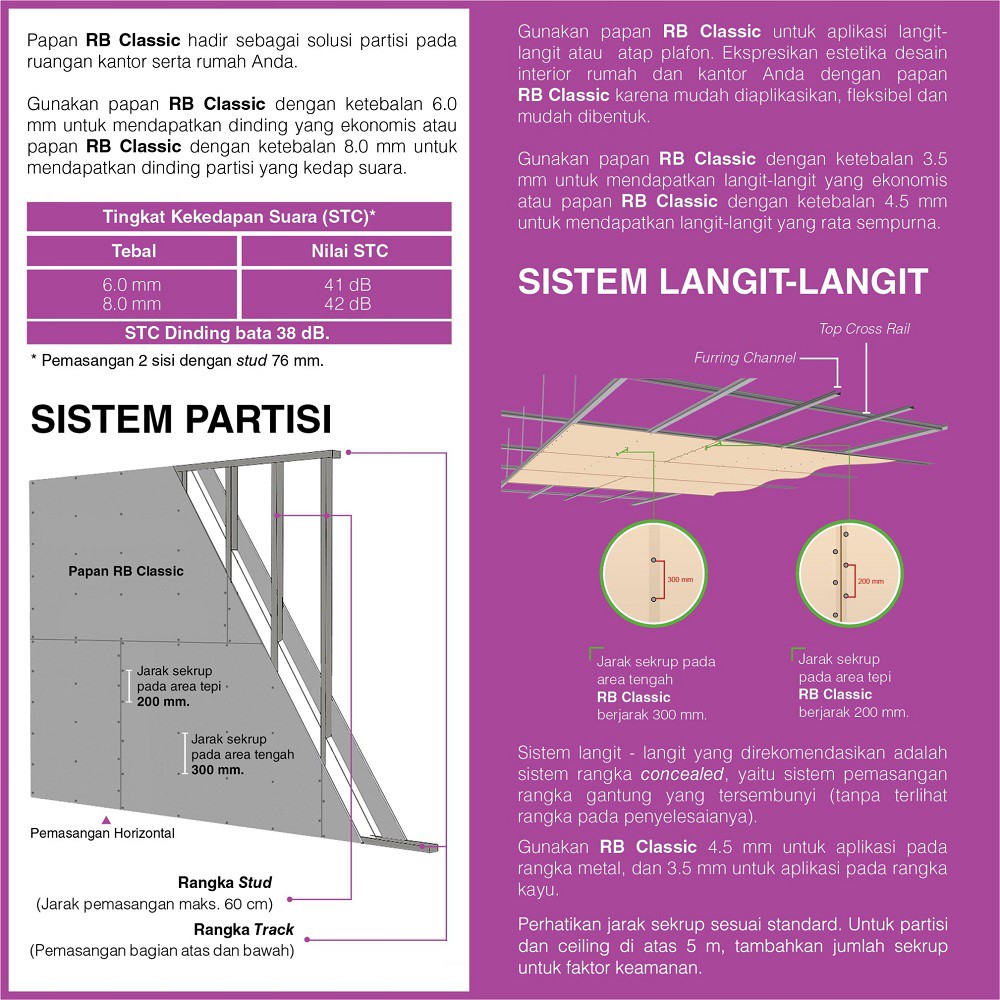 Royalboard Classic Metric Papan GRC Fiber Cement Silikat / Plafon langit-langit / Papan Dinding Partisi / Sekat