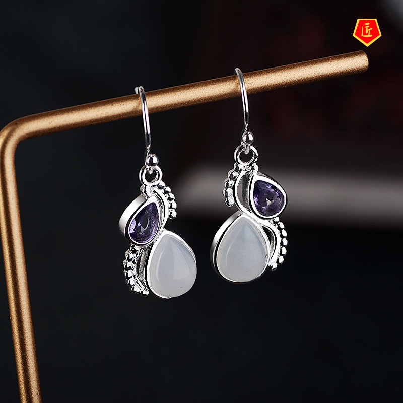 [Ready Stock]Inlaid Amethyst Moonstone Earrings Retro Temperament