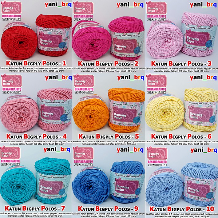 BENANG RAJUT KATUN 2 mm / BENANG RAJUT KATUN BIG PLY POLOS KETEBALAN 2 MM (KBP 1 - 73) - KATALOG A