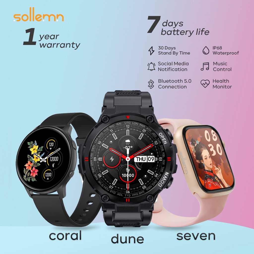 Sollemn Smartwatch Bluetooth Call Sport Custom Watch Face, IPS Display, Waterproof | Seven Coral Dun