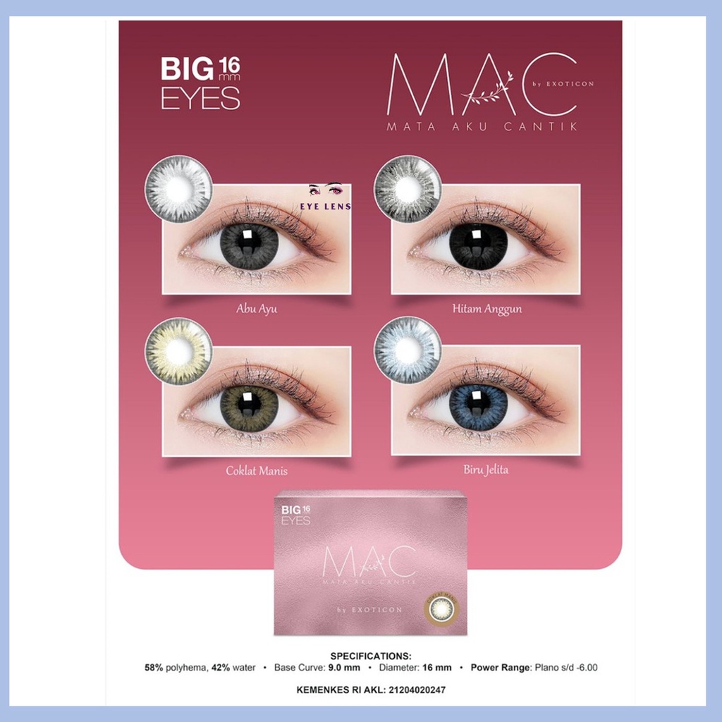 SOFTLENS X2 MAC NORMAL &amp; MINUS -0.50 sd -3.00 FREE LENSCASE DIA 16 MM BY EXOTICON BIG EYES / Softlen Soflen Soflens