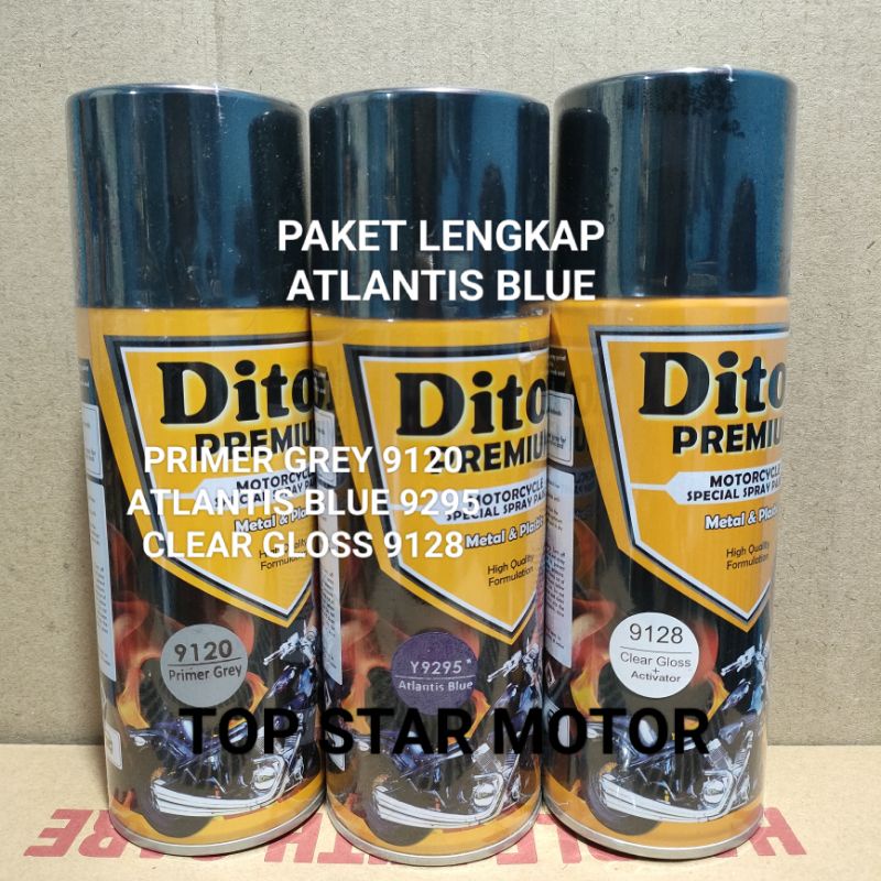 Pilok Paket Lengkap Cat Diton Premium Primer Grey 9120 Atlantis Blue Y9295 9295 Clear Gloss 9128 400cc.. Pilok Paketan Atlantis Blue Cat Semprot Diton Premium 400cc