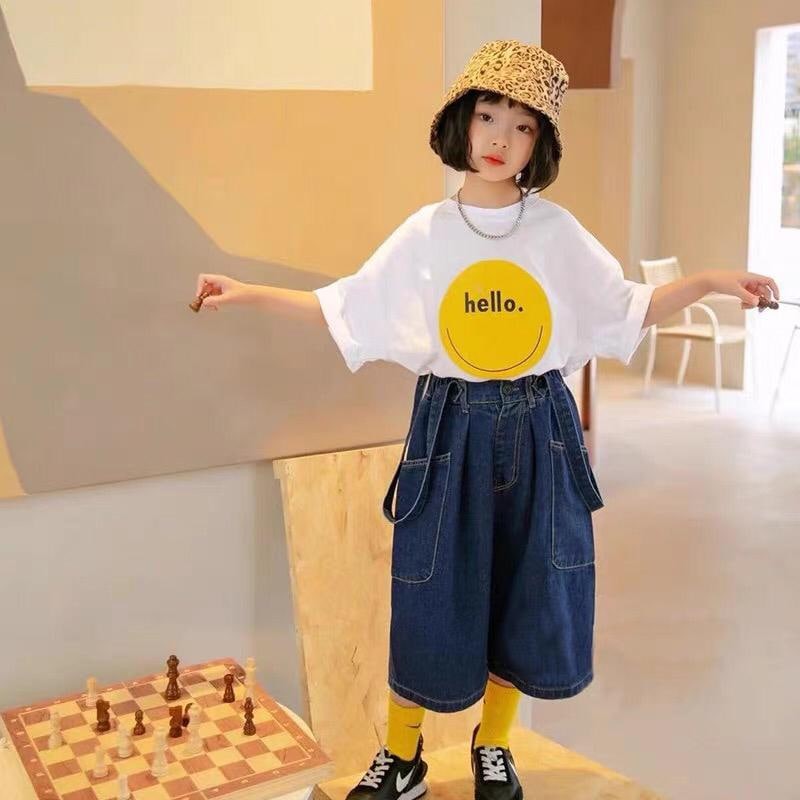 Promo !! Setelan overal anak cewek/ setelan overal hello smile import uk 120 uk 4-5thn (kuning, pink)