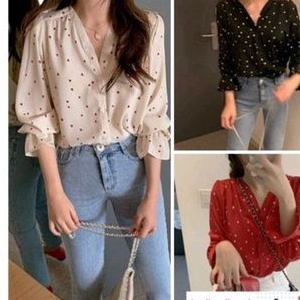 Atasan blouse lengan panjang wanita korea style model polkadot