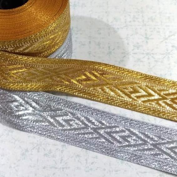 ➶ Renda / Pita Gamis Motif V Lebar 3 cm Warna Emas / Perak (15 Meter) - Emas ☀