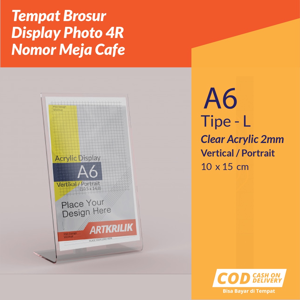 

STAND AKRILIK | PAJANGAN FOTO 4R | TEMPAT MENU CAFE A6 UKURAN 10 X 15 CM MODEL L