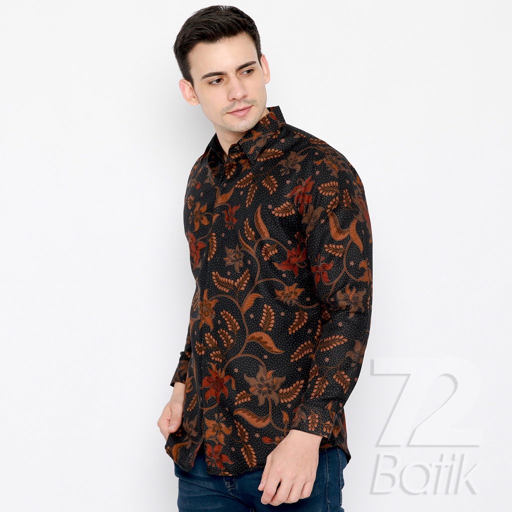 KEMEJA BATIK PRIA Dobby Lengan Panjang Slimfit Slim Fit Warna Hitam Orange Merah 723084 Cap 72 - Baju Kemeja Atasan Pakaian Setelan Batik Pria Cowok Laki Laki Remaja Keluarga Kantor Lengan Panjang Modern Slimfit Slim Fit Premium Kekinian