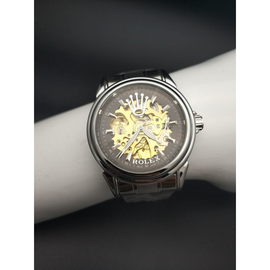 Jam tangan Rolex Skeleton Rantai Silver Mesin Automatic Transparan