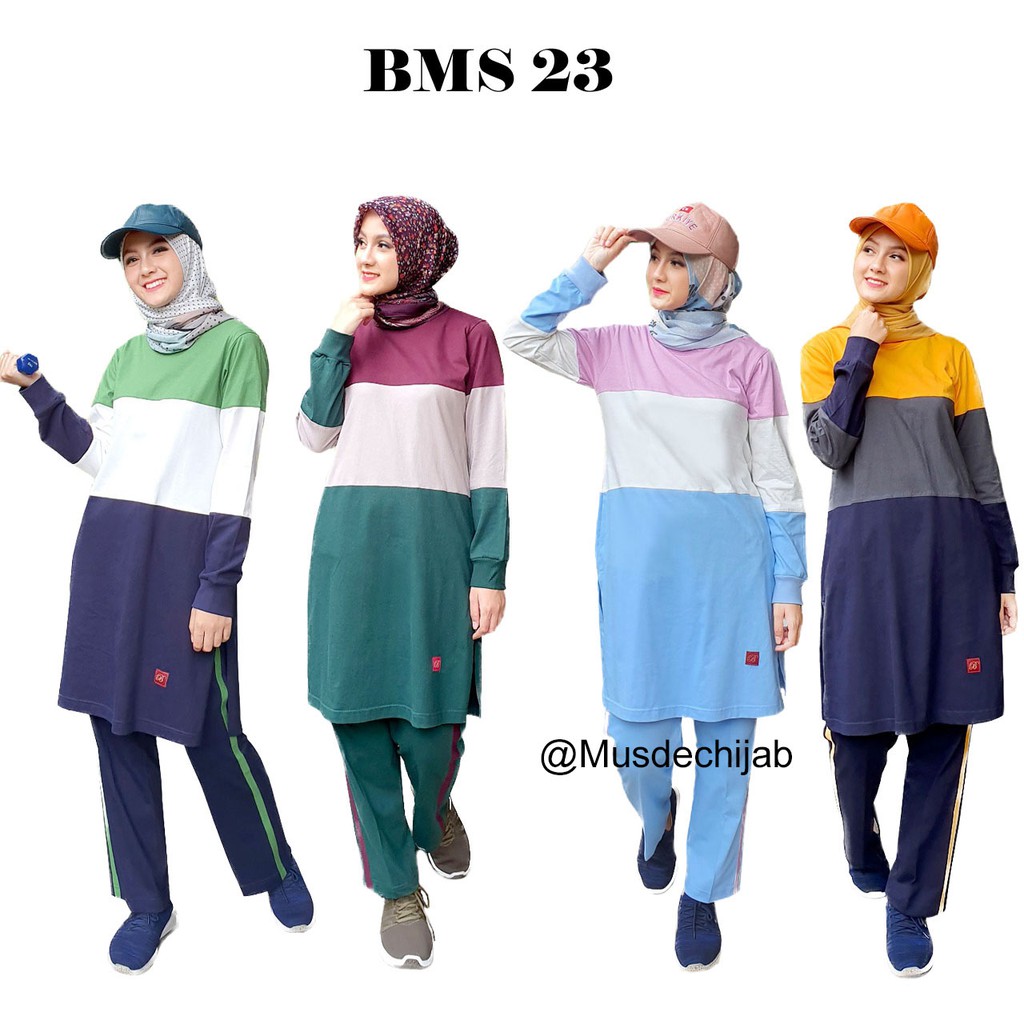 Set Baju Kaos  Olah  Raga  Wanita Muslimah BMS 23 Bahan Katun 