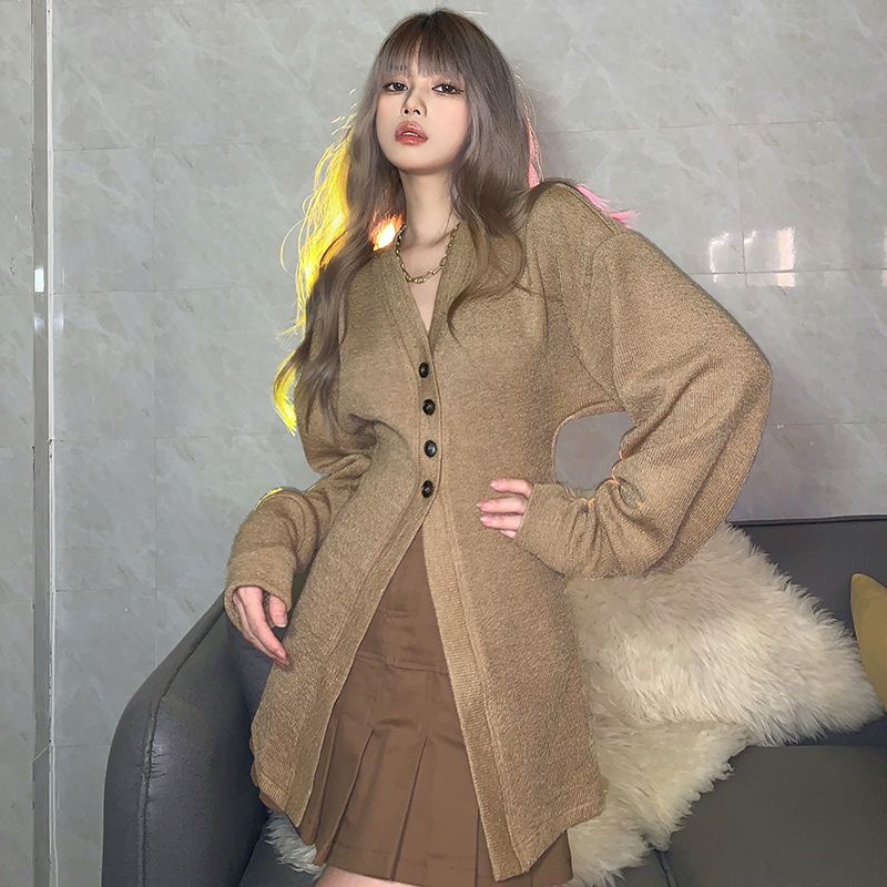 #Sisjuly# Jaket rajut retro wanita mid-length niche slim breasted slim cardigan top wanita