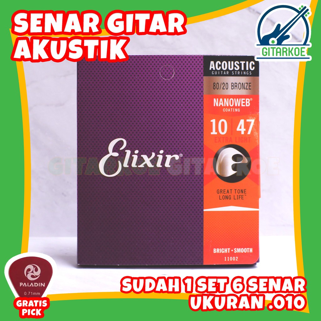 Senar Gitar Elixir Akustik Anti / Tahan Karat Ukuran 010 047 Nano Web