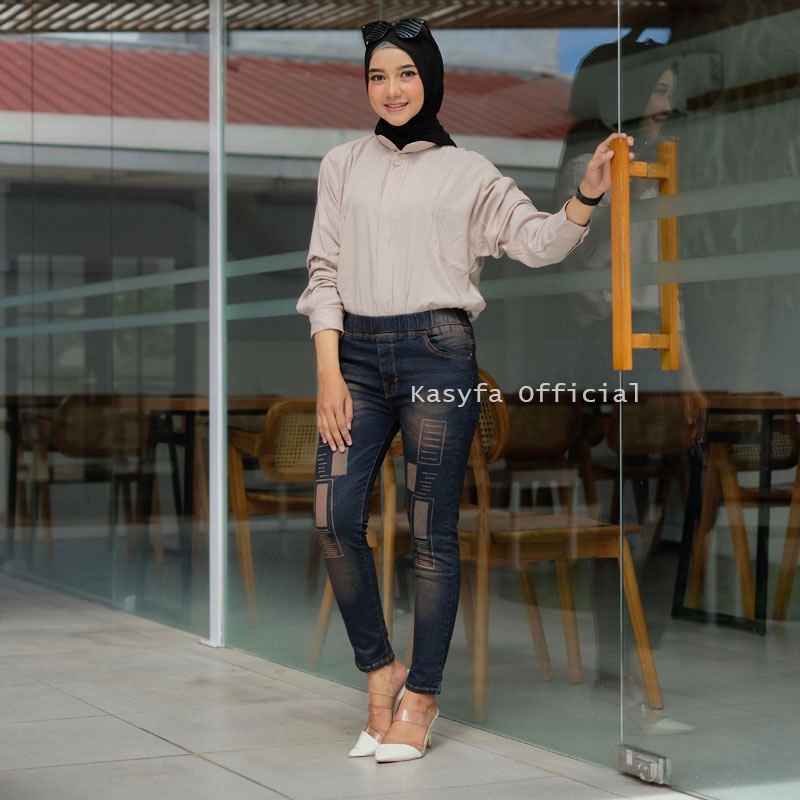 CELANA JEANS FULL KARET LASER KOTAK // LESTY JEGGING JEANS #2