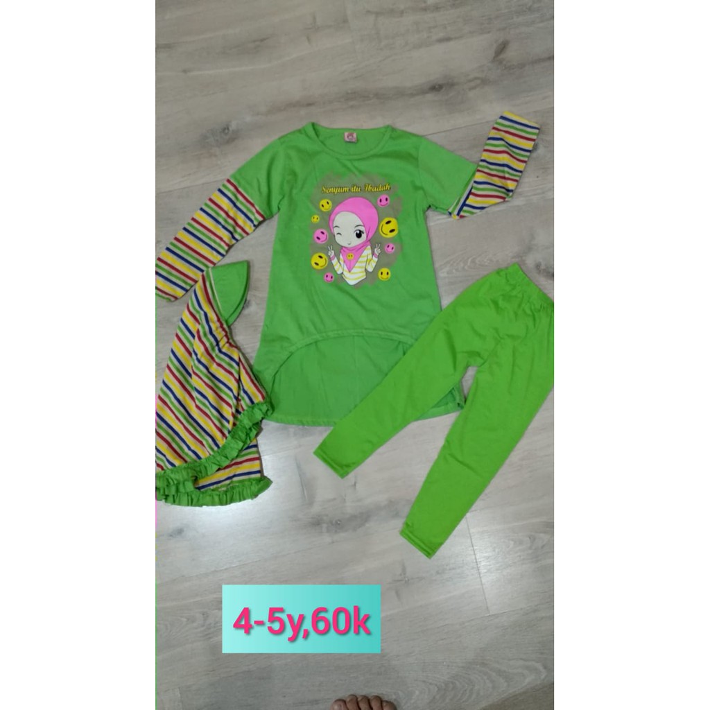 Set Setelan Stelan Muslim Tunik Anak 4-5 Tahun Bahan Kaos Katun