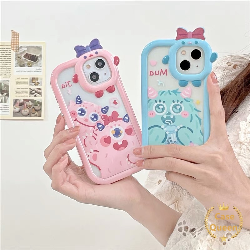 Case OPPO A7 A17 A17 A5S A12 A16 A57 A55 A9 A15s A54 A15 A5 A16s A3S A12E A53 A74 A17K A95 A16K A16E A52 A92 A96 A76 Reno 5F 4F A31 Kartun Monster Bow-knot Monster Kecil Tutup Lensa