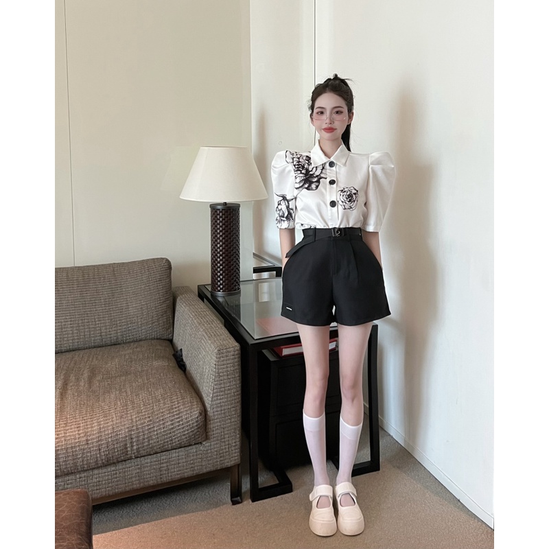 Strawberry Hitam ~ Versi Korea Lukisan Tinta Bunga Cetak Bahu Pad Puff Lengan Kemeja Top + Pinggang