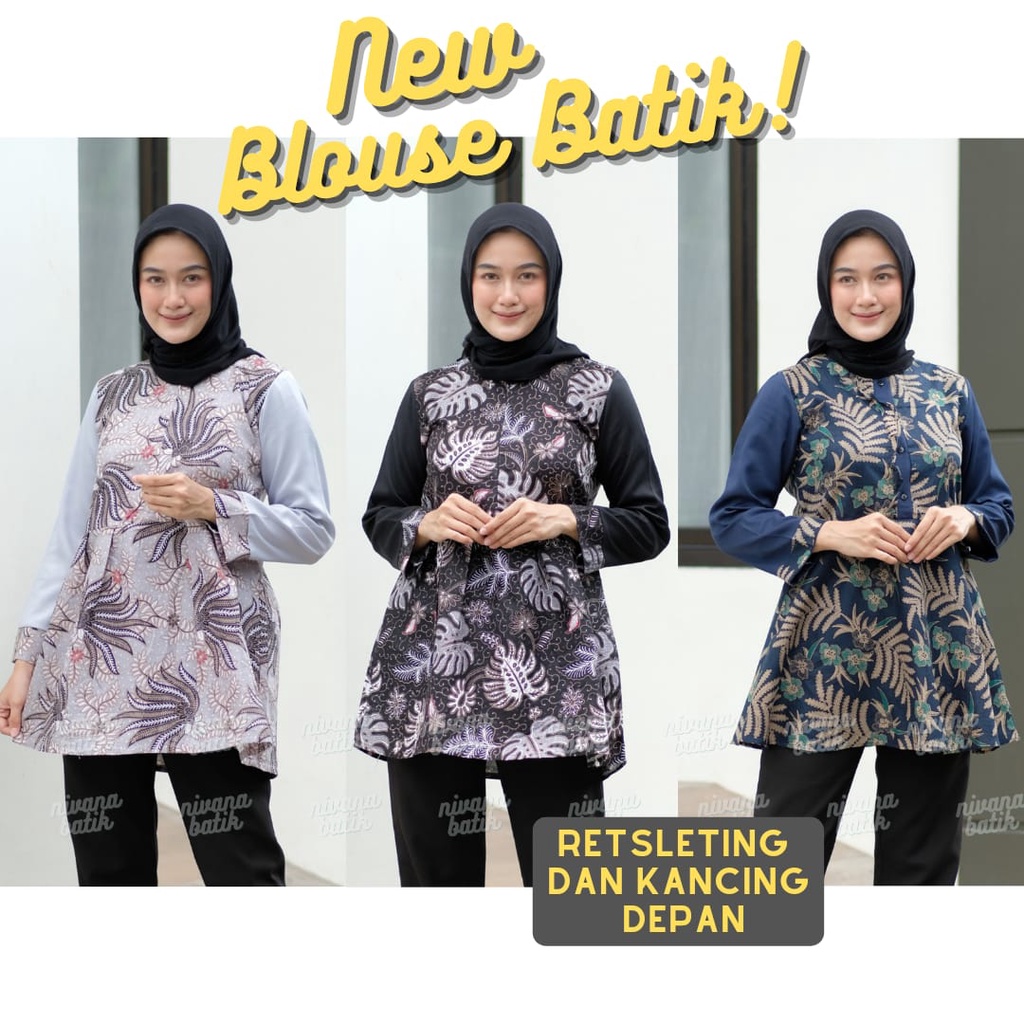 Blouse Batik Busui Retsleting deMix Kombinasi Polos