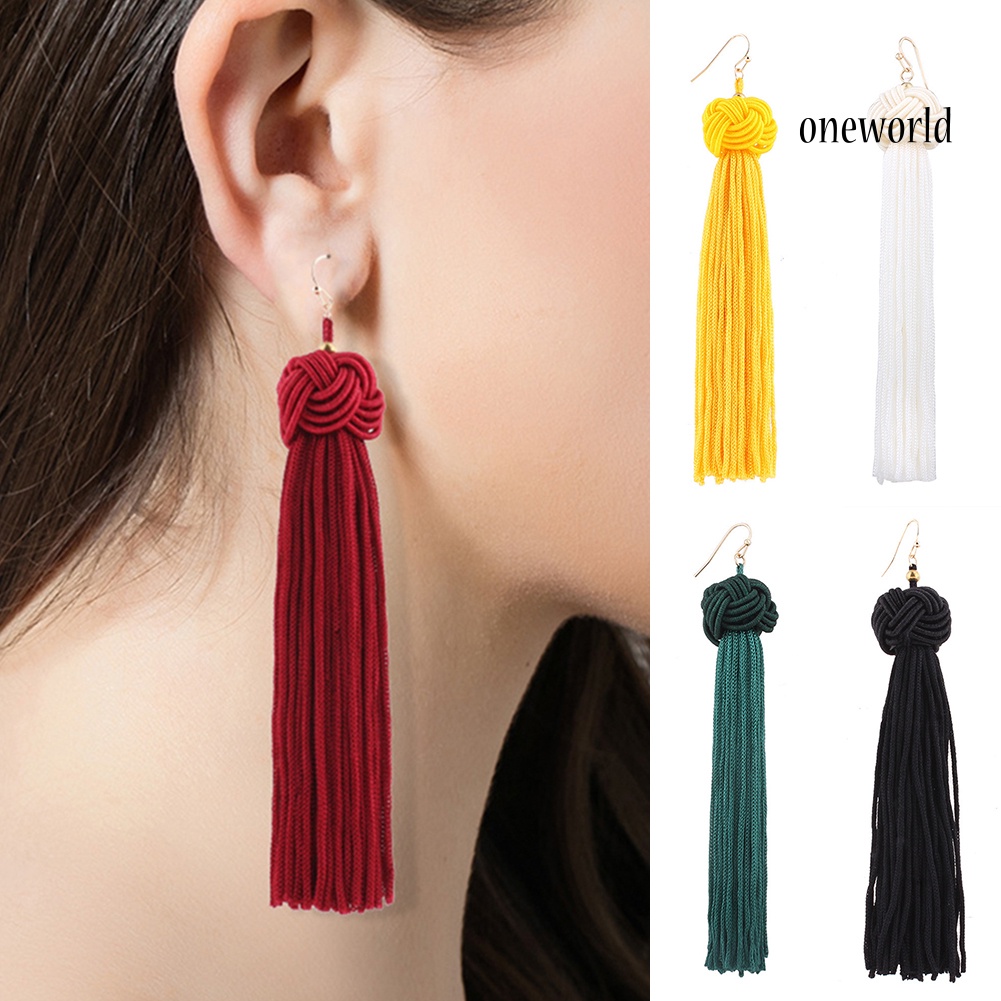 OW@ Bohemian Women Woven Knot Long Tassel Dangle Hook Earrings Statement Jewelry