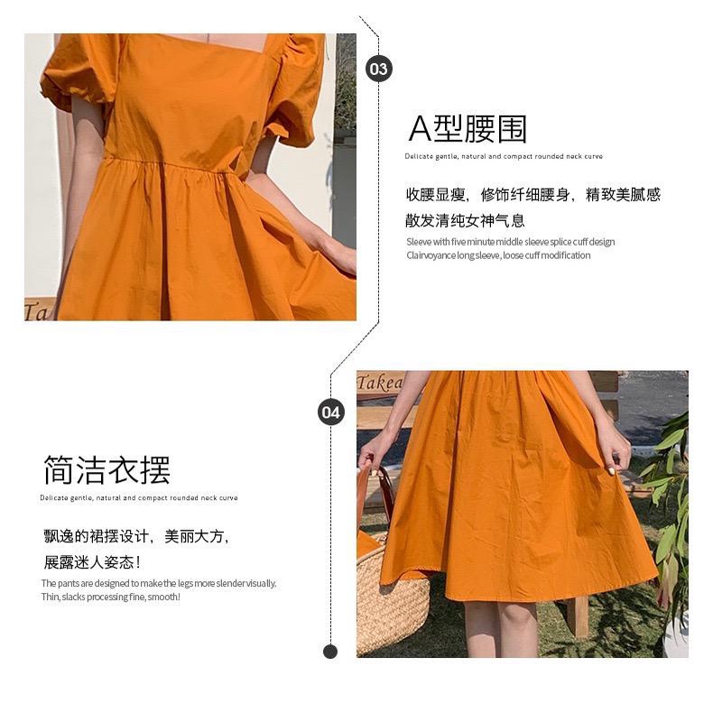 [littlecrab] Dress Square Neck Lengan Balon Simple Polos Orange Hitam Dress Bahan Berkualitas Lembut Elegan Dress Pendek Korean Style Simply Aesthetic