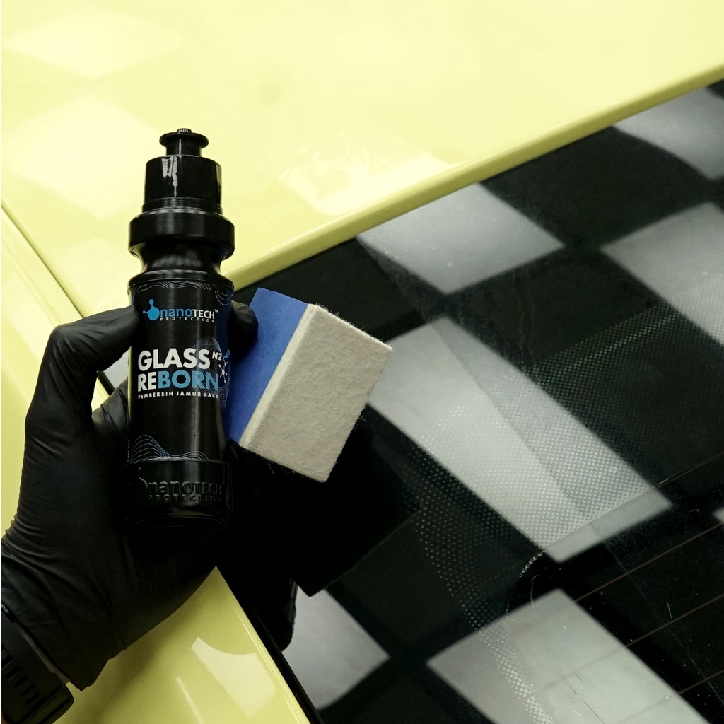 GLASS REBORN + APPLICATOR FELT BLOCK - Obat Polish Jamur Kaca Mobil - nanoTECH PROTECTION - Pembersih Jamur Kaca Mobil Eropa Jepang Built Up Spion - Penghilang Jamur Kaca - Glass Polish - Glass Compound - Glass Scrub - Glass Renew