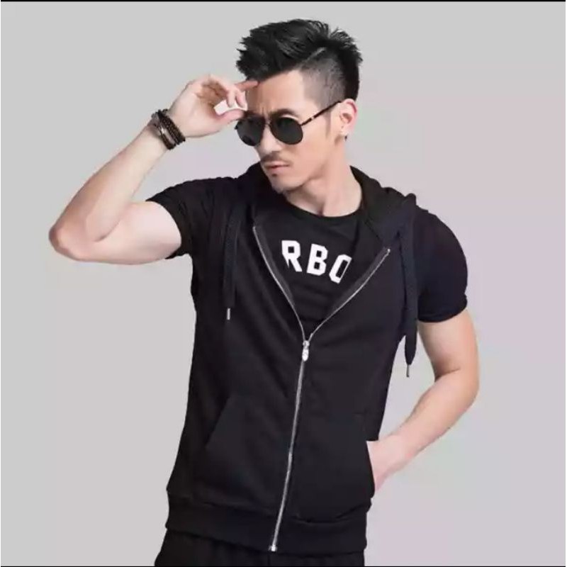 Rompi hoodie pria singlet gym zipper polos