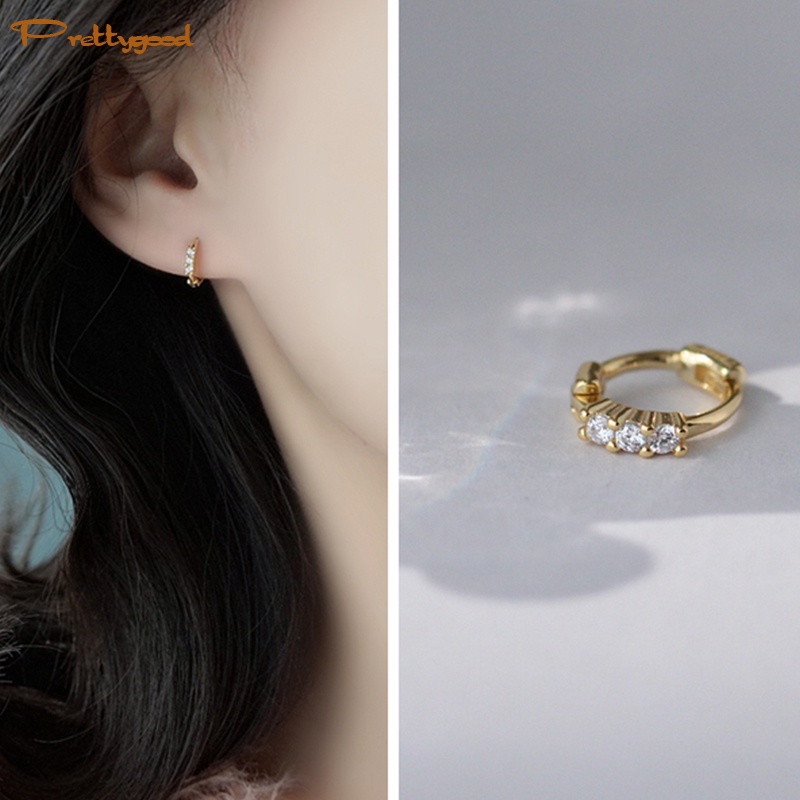 Anting Bulat Mini Lapis Emas 14k Hias Cubic Zirconia Untuk Wanita -PD