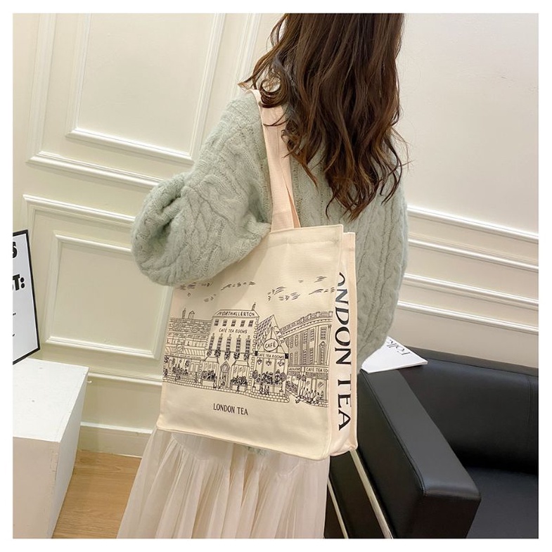 Totebag Wanita Bahan Kanvas Aesthestic London Tea