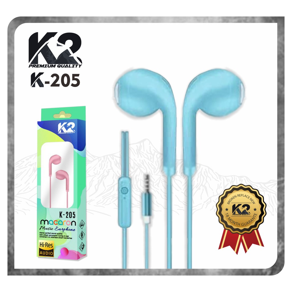 Headset / Handsfree K-205 MACARON K2 Premium Quality Super Bass Stereo GARANSI RESMI 18 BULAN [fs]