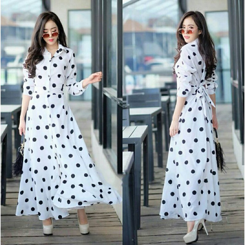 ELONAFASHION /1092 gamis WOLFIS polka pth/MAXI GAMIS WANITA/BAHAN PREMIUM IMPORT QUALITY/BAJU MUSLIM