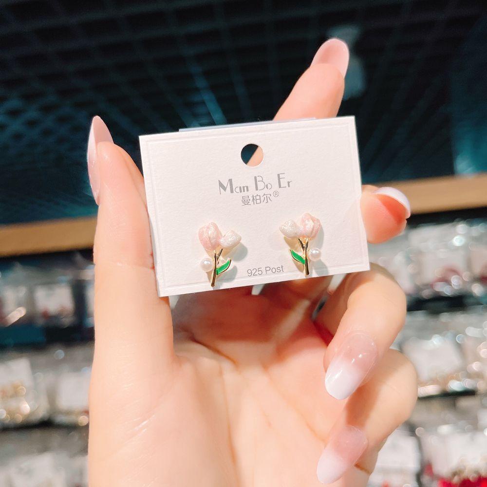 Anting Tulip Perempuan Indah Peri Menetes Minyak Trendi Merah Muda Vintage Anting Mutiara