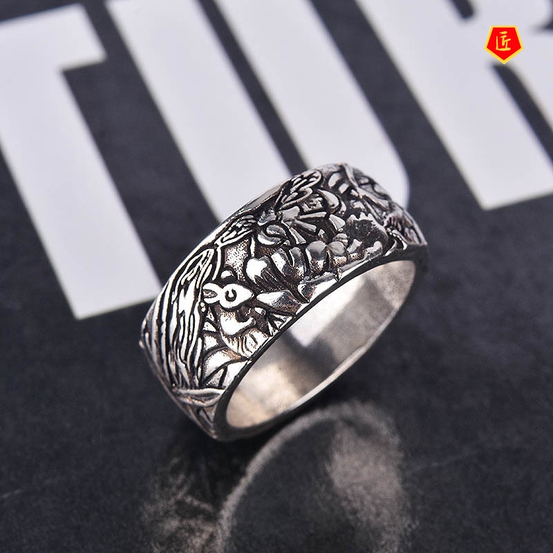 [Ready Stock]Retro Creative Carving Cat and Mouse Silver Ring
