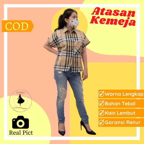 Poce Baju Atasan Kemeja Tunik Perempuan Wanita Cewek Casual Kasual Motif Kotak Besar Bahan Katun Kor