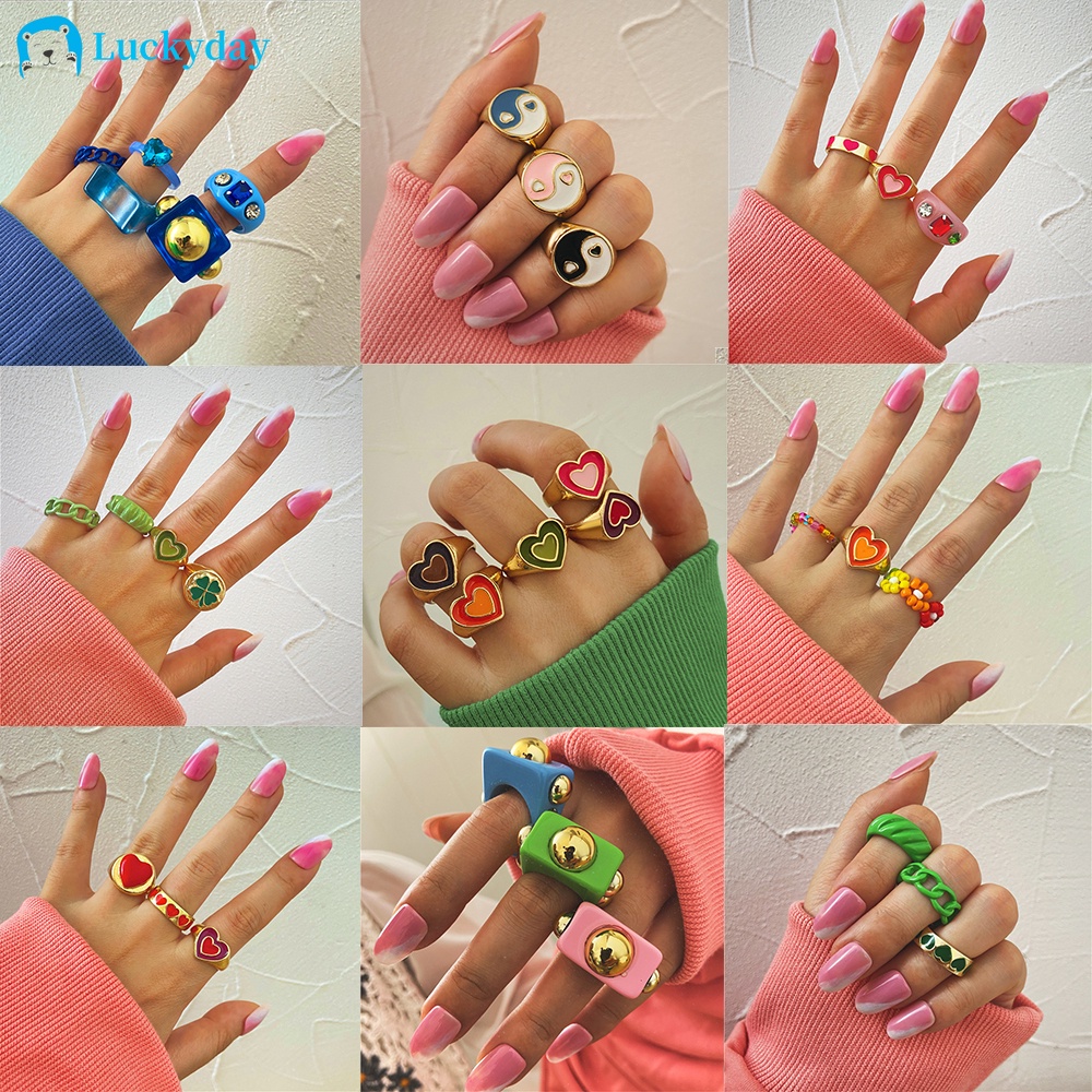 YEEZII 5Pcs/Set Korean Colorful Ring Set Oil Dripping Rings Fashion Heart Resin Beads Ring for Women Accessories Jewelry Gift