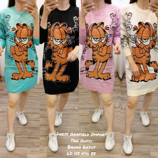 (GUCCI) Dress Tunik Bahan Rajut Motif Garfield Import