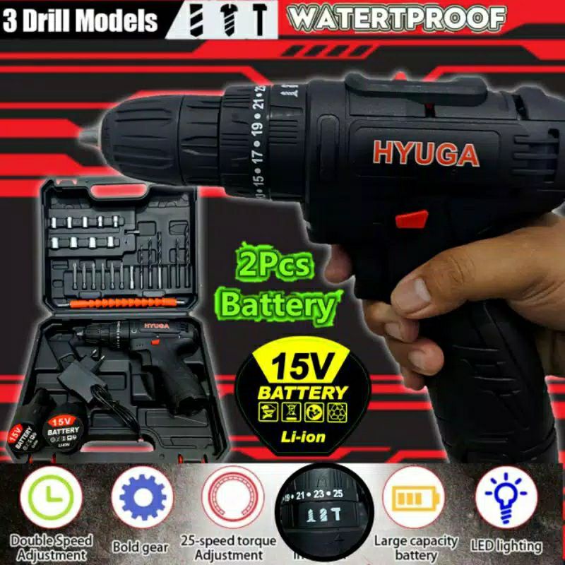 Promo Mesin Bor Baterai Cordless Impact Drill 15V Hyuga  Japan Technology Bisa Tembok Beton besi