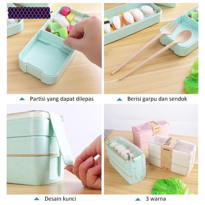 Lunch Box Set 3 Susun Kotak Makan Susun 3 tingkat Free Sendok dan Garpu