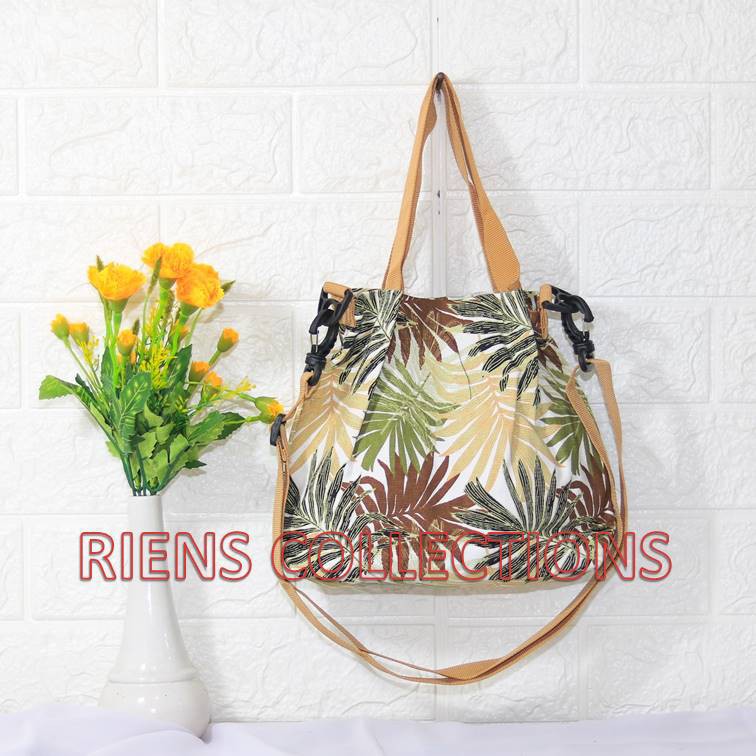 SLING BAG TAS SELEMPANG KANVAS MOTIF FLORAL PALM COKLAT RIENS COLLECTIONS. TAS KANVAS JOGJA