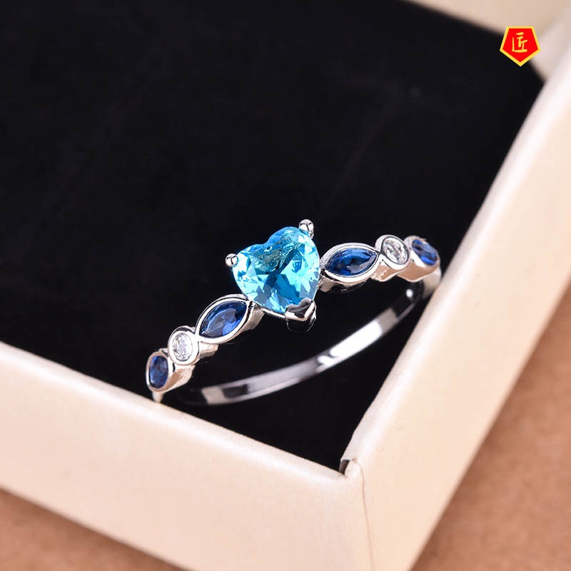 [Ready Stock]Creative Birthstone Inlaid Topaz Love Heart Ring