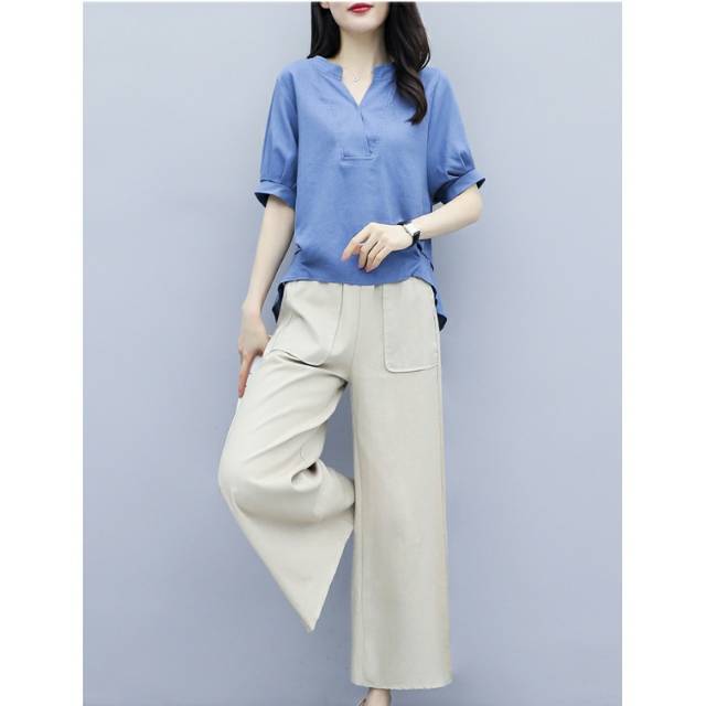 Setelan korea import katun atasan  biru dan  celana  fashion 