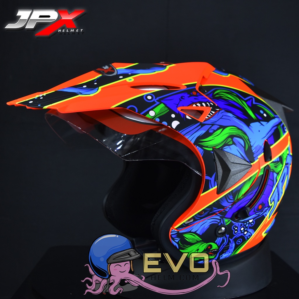 HELM JPX SUPERMOTO MOTIF SHARK JPX SEMICROSS TERBARU ORIGINAL HELM CROSS HALF FACE JPX JP HELMET - ONGKIR 2KG