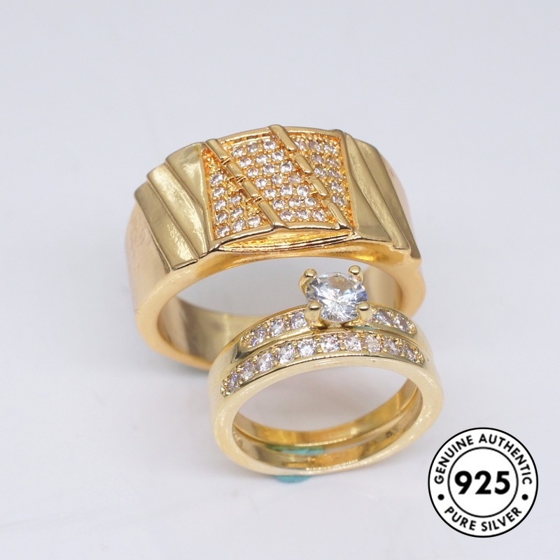 Set Cincin Pasangan Bahan S925 Lapis Emas Aksen Berlian