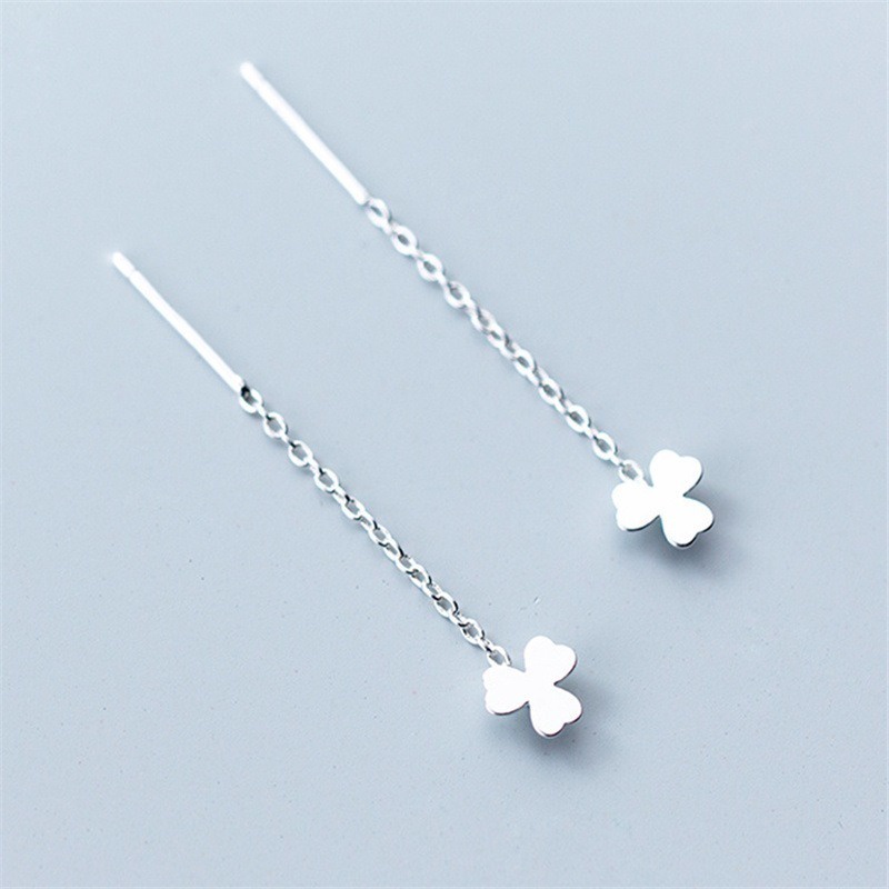 Papaozhu Trendi s925 Rantai Perak Beruntung Clover Anting Wanita Sederhana Fashion Menjuntai Anting-Anting Trendi Telinga Perhiasan