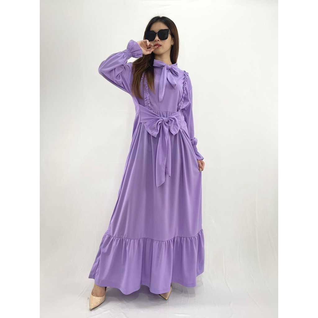 Gamis model ribbon ruffle motif polos bahan voxy merk cocobee (kode 828)