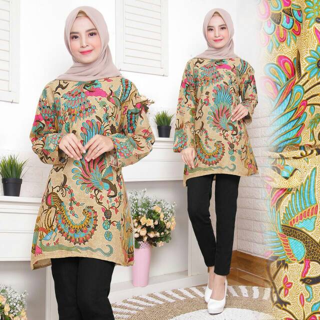 Tunik Burung Merak Batik batik modern batik kekinian grosir batik murah pekalongan TUNIC NAVBOR YELBOR WHITBOR CREAMBOR TUNIK BATIK MODERN