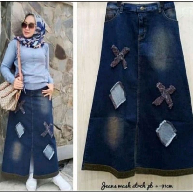 Rok Jeans Street Wanita // Rok Jeans Silang // Rok Jeans Span Kekinian // Rok Panjang