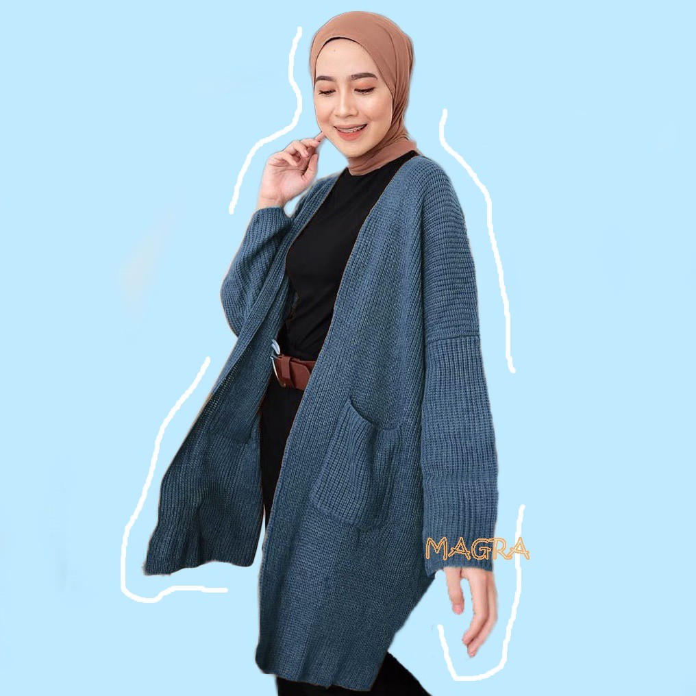 LONG CARDIGAN RAJUT TEBAL OVERSIZED MAGRA-BIRU DENIM
