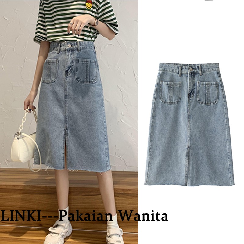 yikoo-Rok denim wanita korean style skirt midi / maxi skirt