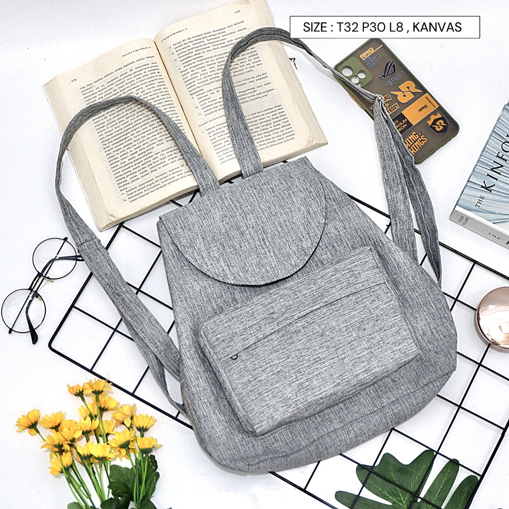 Bayar di Tempat COD Tas Ransel Serut Bahan Kanvas KANTONG Depan Ukuran Medium tas punggung wanita-Warna 650