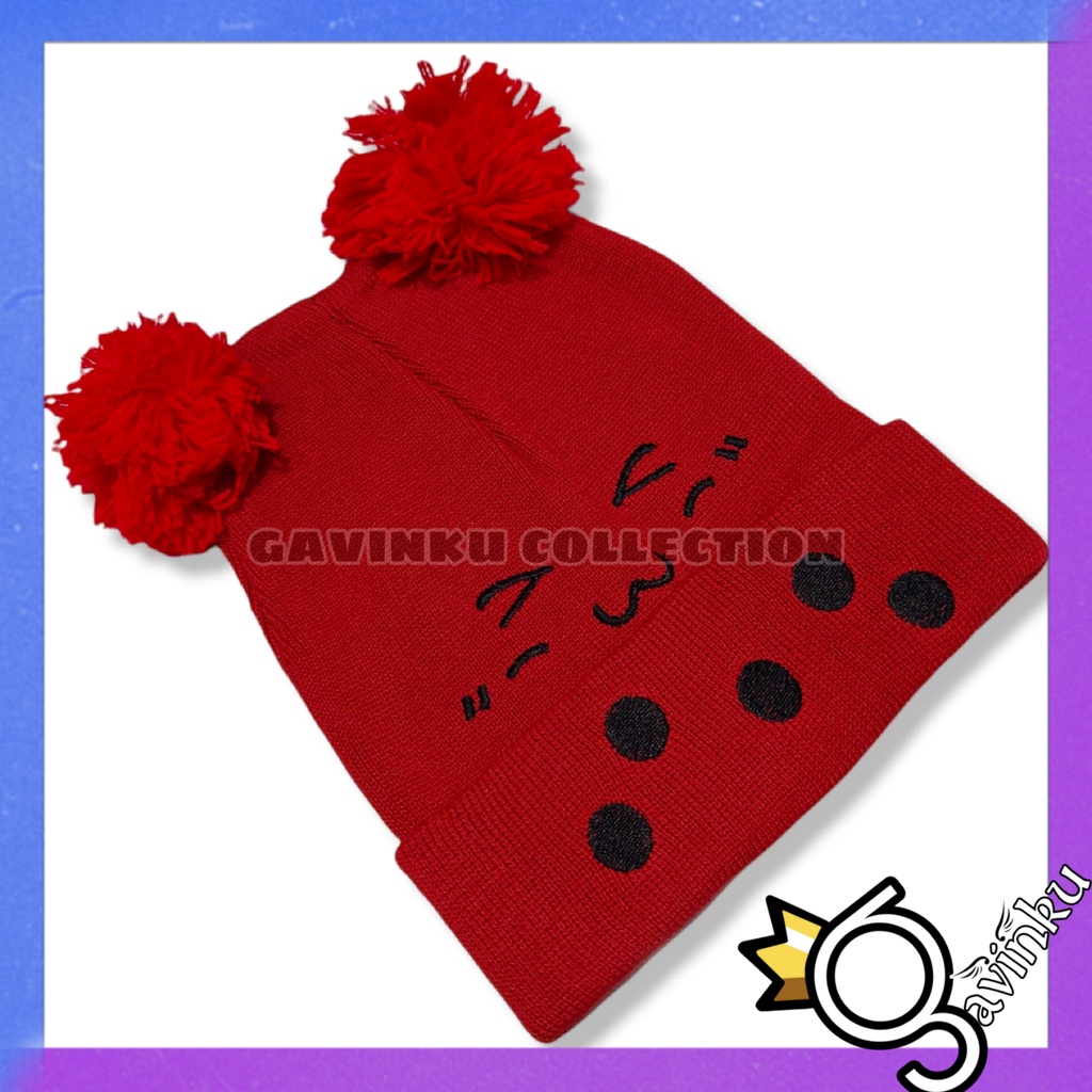 Topi Kupluk Anak Bayi Polos Model Pompom Bordir Smile lucu Laki Laki Perempuan Usia 0 1 2 3 4 5 6 7 8 9 10 11 12 bulan umur 1 2 3 Tahun thn-merah
